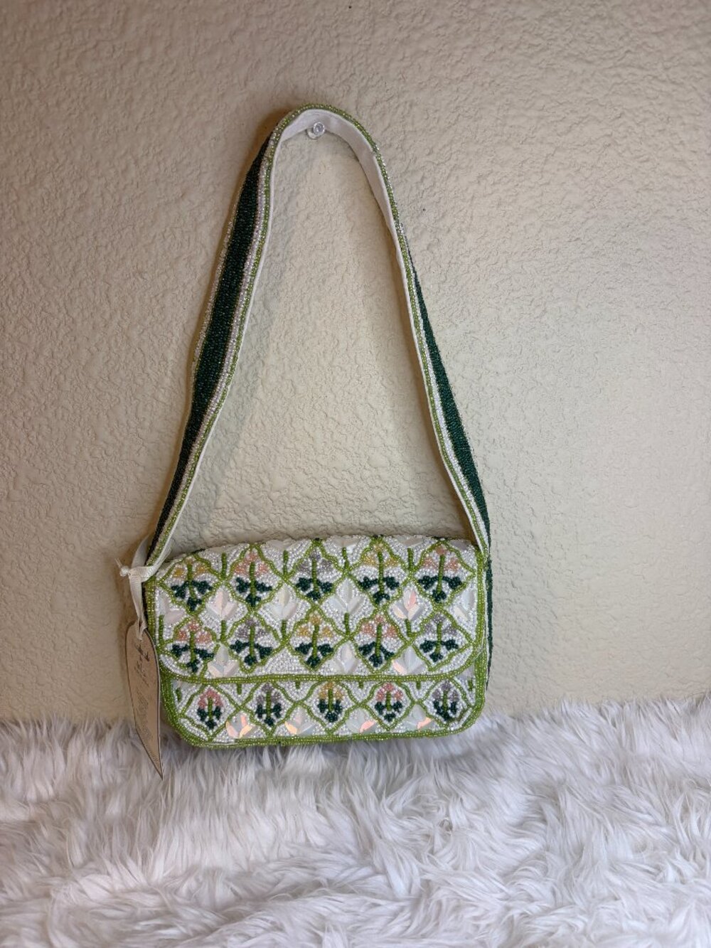 VIRAL Handmade in India Green Floral Beaded Shoulder Bag Cottagecore